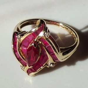 14K Gelbgold Wirbel Ring Gr- 5,5 Marquise und Baguetteschliff roter Edelstein 3,4 g - Bild 1 von 10