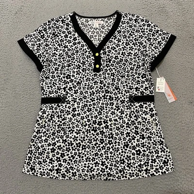Koi Scrub Top Womens S Black White Floral Field Stretch Noral 392PR NEW - Image 1 of 4