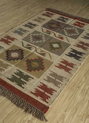 Wool Jute Kilim Rug Handcrafted Boho Style Living Room Rug Handwoven - Image 1 of 4