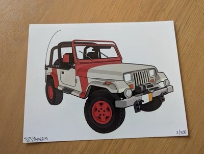 Jurassic Park Jeep Artwork Illustration Original Print, Limited,Signed by Artist - Image 1 of 4