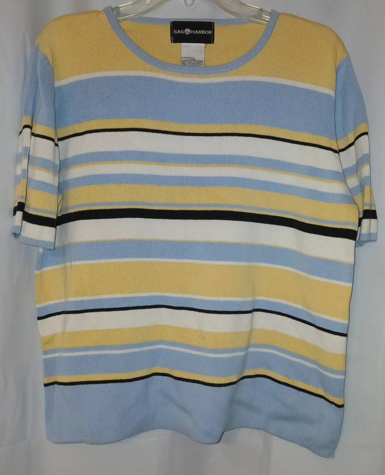 Suéter Pullover Vintage Sag Harbor Para Mujer Azul Amarillo Rayas Cuello Redondo XL Foto 1 de 4