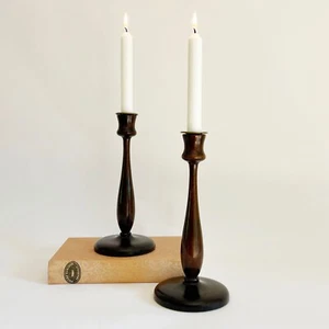 Antique 20th Century Turned Wood Brass Candlestick Pair Mahogany w/ Brass Caps - Picture 1 of 10
