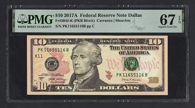 United States-Federal Reserve 10 Dollars 2017A Fr#2045-K (PKB Block)UNC Grade 67 - Image 1 of 2