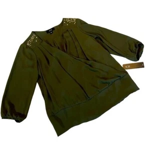 AGB Green Studded Deep V-Neck Bling Blouse women’s small - Picture 1 of 7