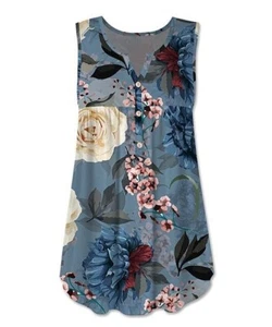 UDEAR Dusty Blue & White Floral Button-Front Sleeveless Top Size-L - Picture 1 of 2