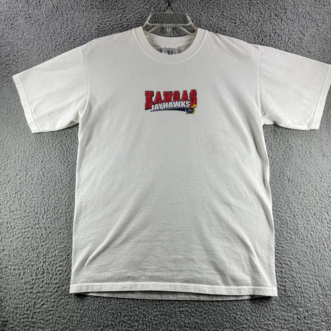 Vintage Kansas Jayhawks Shirt Mens Medium M White Crew Neck Spellout Logo NCAA Cover