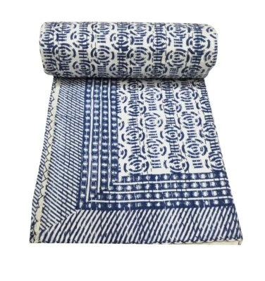 Indian Hand Block Print Single Kantha Quilt Cotton Throw Bedding Bedspread Quilt - Image 1 of 4