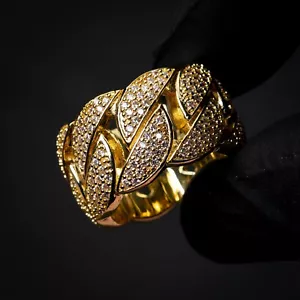 Men's Hip Hop Cz Iced Yellow Gold Plated Miami Cuban Link Statement Pinky Ring - Picture 1 of 5