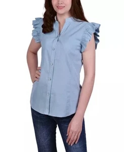 NY Collection Blouse Womens Size 1X Blue Ruffle Flange Sleeveless Chambray NWT - Picture 1 of 9
