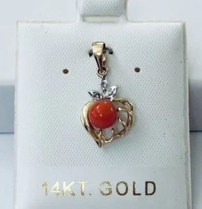 14K Yellow / White Gold Genuine Small Red Coral Ball & Diamond Pendants NEW - Picture 1 of 7