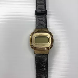 X11 SEIKO Quartz LC Japan 7D0286 L012 5059 Gold Black Leather Vtg Watch Untested - Picture 1 of 7