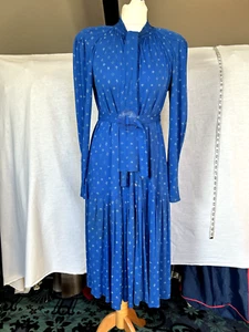 Vintage Jean Muir Dress. Blue with white print Perspex buckle belt. Tailoring 14 - Picture 1 of 17