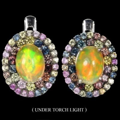 925 Sterling Silver Earrings Oval Fire Opal Sapphire Natural Gemstone Jewelry - Image 1 of 4