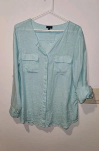 Talbots 100% Linen Shirt Top Women 1X Aqua Blouse Button Up Roll Tab Sleeve - Picture 1 of 8