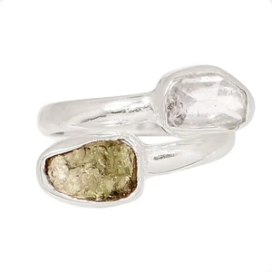 Natural Genuine Czech Moldavite & Herkimer Diamond 925 Silver Ring s.7 CR75113 - Picture 1 of 1