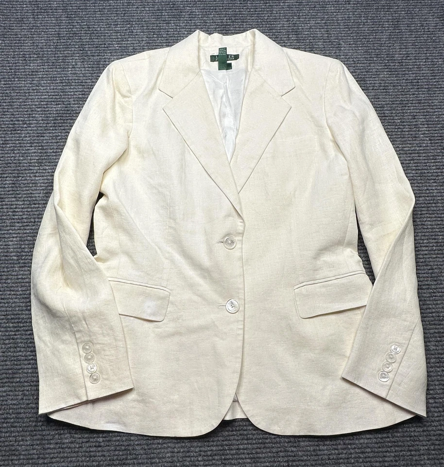Lauren Ralph Lauren Blazer 女式 12 象牙色亚麻 2 按钮缺口翻领口袋 — 第 1/4 张图片