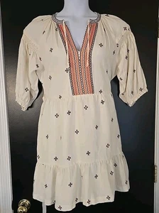 Abito smock archivio strato marino S tencel lino ricamato babydoll mini panna - Foto 1 di 12