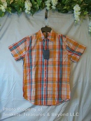 Men's True Rock Short Sleeve Button-Up Orange & Blue Plaid Size S - Image 1 of 4