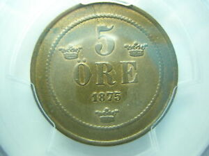 SWEDEN Kingdom 5 ore 1875 PCGS UNC Scarce King Oscar Norway Bronze Graded Toned