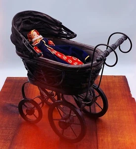 Antique Small Still Wood Wicker Victorian Dolls Teddy Bear Pram Folding Hood - Picture 1 of 12