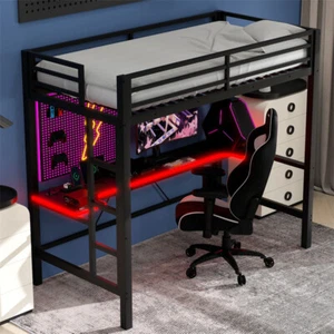 Twin Size Gaming Metal Loft Bed w/Wooden Desk,LED Light & Remote for Teens-Black - Picture 1 of 21