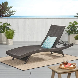 Patio Chair PE Wicker Rattan Outdoor Pool Chaise Lounge Adjustable Angle Brown - Picture 1 of 9