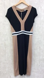 H&M Midi Bodycon Dress Womens Size L Stretchy Black Taupe Colourblock Striped - Picture 1 of 2