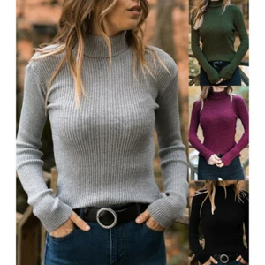 Suéter Pullover Para Mujer Básico Elástico Tejido Manga Larga Suave Cuello Tortuga - Imagen 1 de 14
