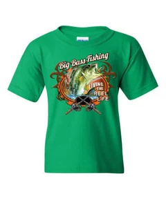 Big Bass Fishing Youth T-Shirt Living the Reel Life Fisherman Spinning Kids Tee - Picture 1 of 8