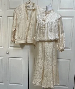 Vintage 60-s Stanley Nelson Pure Silk 3 Piece Set Skirt Suit Size L Cream - Picture 1 of 24
