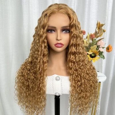 Peluca de cabello humano frontal de encaje rizado rubio miel 13x4 pre arrancada sin pegamento con regalo Foto 1 de 4