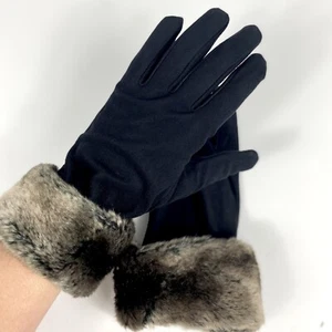 VINTAGE 80s 90s Y2K Black Faux Suede Thick Faux Fur Gloves | Winter Christmas - Picture 1 of 7
