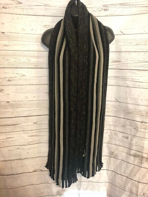 Calvin Klein Men’s Black / Gray Striped Wide Knit Fringed One Size Scarf - Image 1 of 4