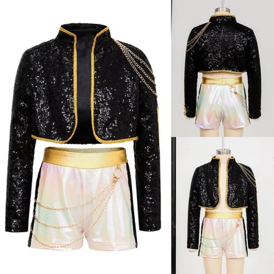 TIAOBUG DE Mädchen Sänger Kostüm Glitzer Jacke Langarm Bolero+Shorts Dämon Jäger Outfits