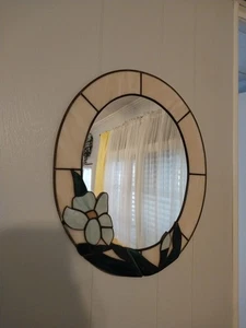 Tiffany Style Stained Glass Mirror White With Blue Floral Gorgeous Item 17.25x15 - Picture 1 of 3