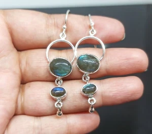 Labradorite Gemstone Earring 925 Sterling Silver Handmade Jewelry - 2" - Picture 1 of 2