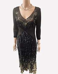 Vintage Dress Y2K Black Mesh Sheer Embroidery Pleats  Avant Garde Eclectic M - Bild 1 von 6