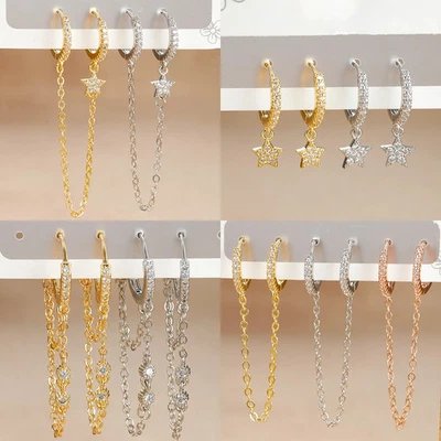 Stainless Steel Double Chain Hoop Earrings Women Crystal Tassel Wedding Jewelry - Image 1 of 4