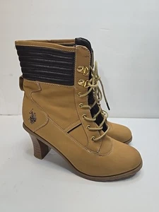 US Polo Assn Shoes Womans 8M Tan Block Heel Boots Faux Leather Lace Up Shoes - Picture 1 of 17