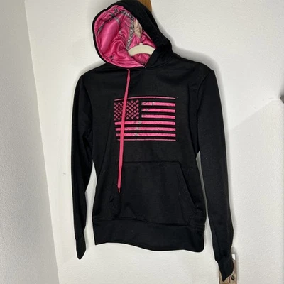 Mossy Oak Women's Flag Hoodie Sweatshirt Black Pink Camo Size Small NEW - Image 1 of 4