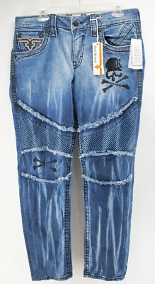 Rock Revival Montell Biker Skull Denim Jeans Mens 33 Blue Embroidered New - Image 1 of 4