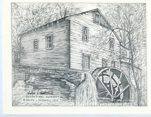 11" Print 1975 Swann's Mill Gwinett County GA Old Wooden Barn Americana Signed - Bild 1 von 1