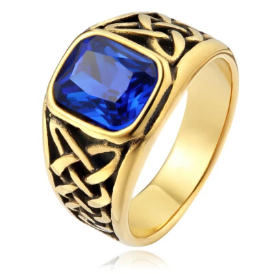 蓝色宝石戒指男式女式乐队礼物不锈钢维京凯尔特北欧 — 第 1/4 张图片