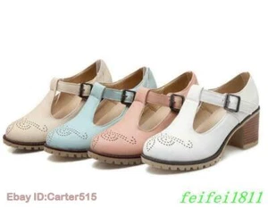College Damen Brogue T-Riemen klobiger Absatz Schnalle Mary Janes Mädchen Freizeitschuhe - Bild 1 von 27
