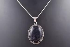 Handmade Silver Polished Oval Blue Sunstone Rare One of a Kind Pendant Necklace - Picture 1 of 6