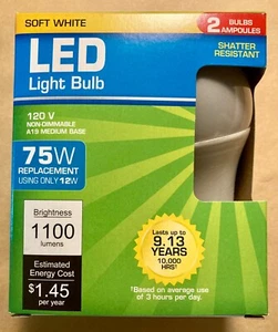 NEW! 12W 75W 3000K Soft White 1100 Lumen Indoor Outdoor LED 2-PACK Light Bulbs - Picture 1 of 2