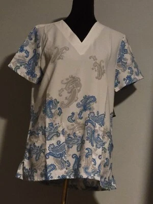 Women's Strictly Scrubs Stretch V Neck Scrub Top Paisley White/Blue Size S NWT - Image 1 of 4