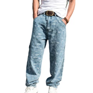 Men Baggy Loose Jeans Vintage Paisley Print Denim Pants Hip Hop Plus Size Casual - Picture 1 of 12