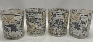 Roma Paris London Whiskey Glasses Set Of 4 City Map Low Balls - Picture 1 of 8