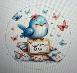 BIRD BUTTERFLIES HAPPY MAIL ENVELOPE SEALS LABELS STICKERS ROUND 1.5" - Picture 1 of 1